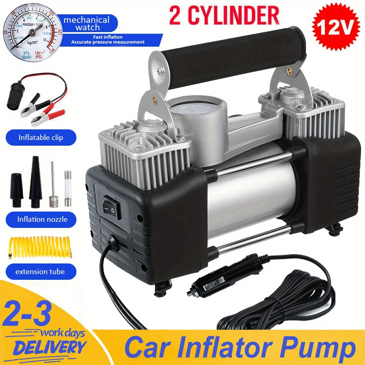 12V Heavy Duty Portable 150PSI Car Tyre Auto Tire Inflator Pump Air Compressor, Includes Accessories, Adapter, Portable Bag