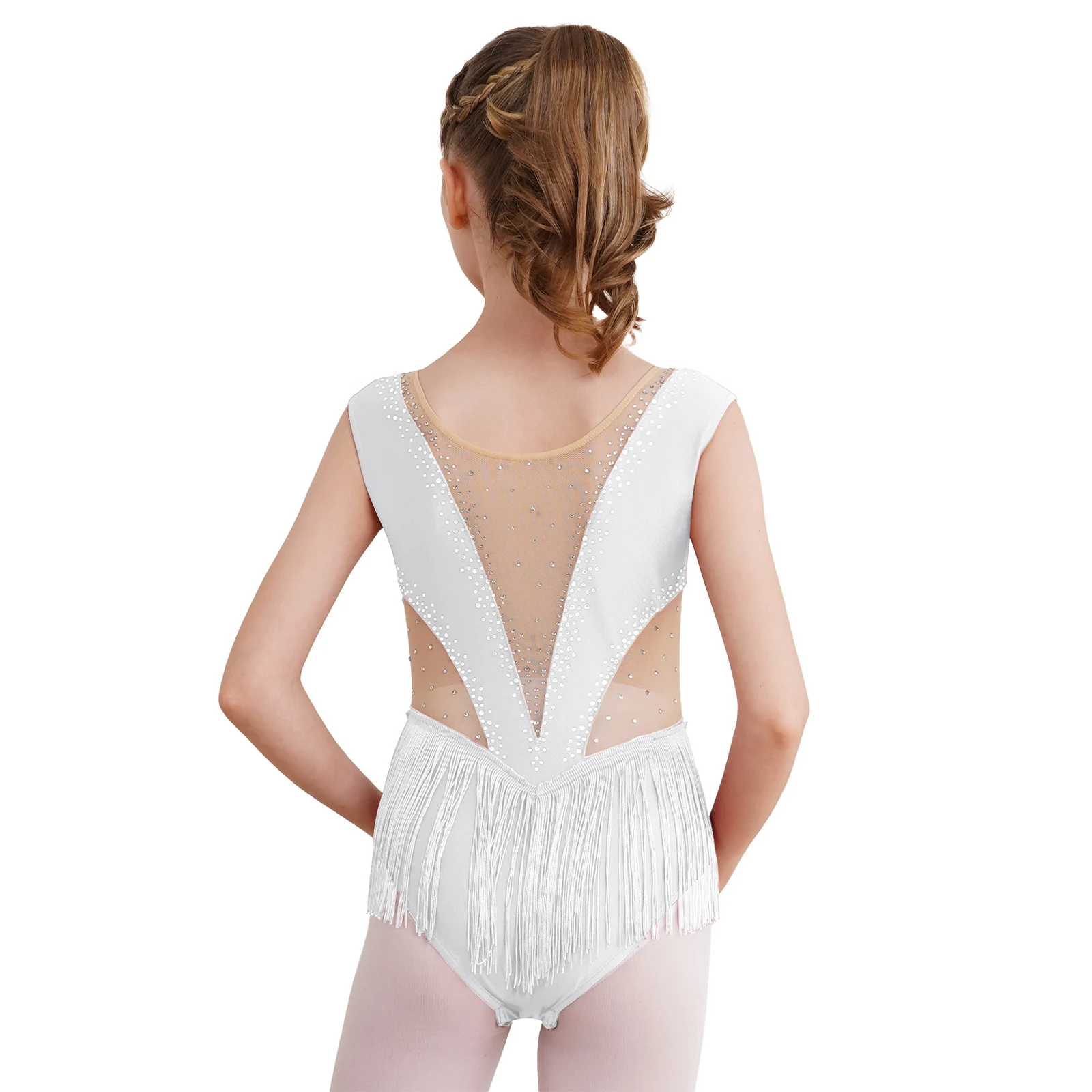 Kids Girls Gymnastics Tassel Dance Leotard Swing Bodysuit Shiny Rhinestone Figure Skating Ballet Latin Dance Performance Costume