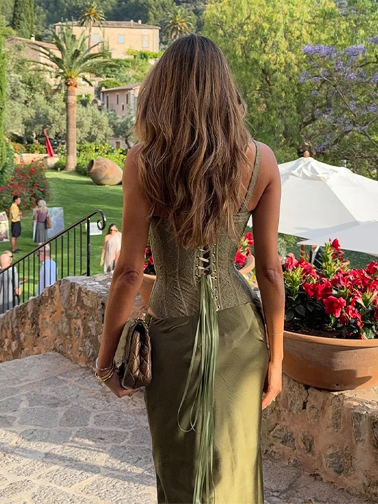 Elegant Green Skirt Set For Women Chic Fishbone Sleeveless