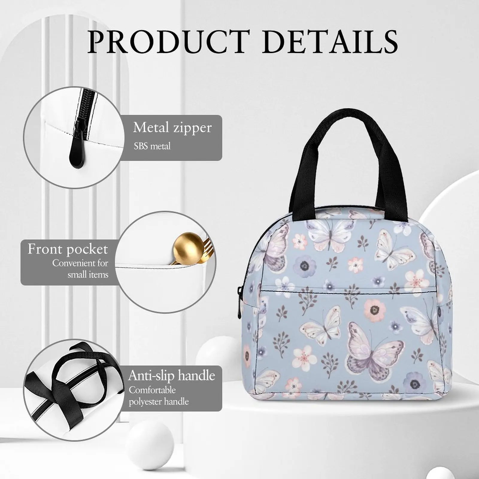 Custom Pattern Tote Lunch Bags for Women Butterfly Blue Print Portable Meal Bag Picnic Travel Breakfast Box Office Work School