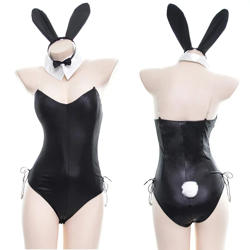 Sexy Bunny Girl Costume - Faux Leather Bodysuit with Tie Headband Set