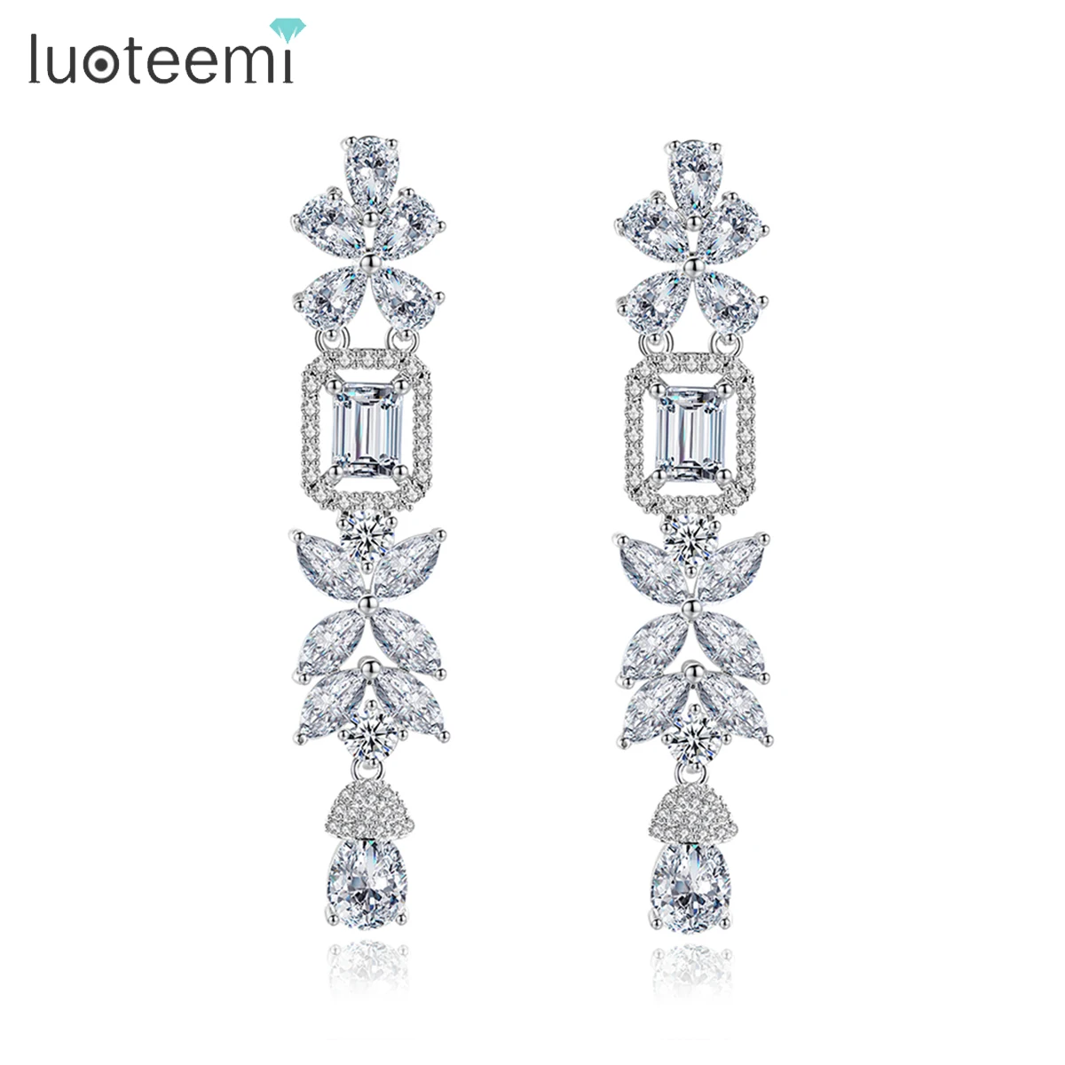 LUOTEEMI Luxury Bridal Wedding Zircon Long Earrings Cubic Zirconia Flower Earring Gorgeous Jewellery Accessories Party Gifts