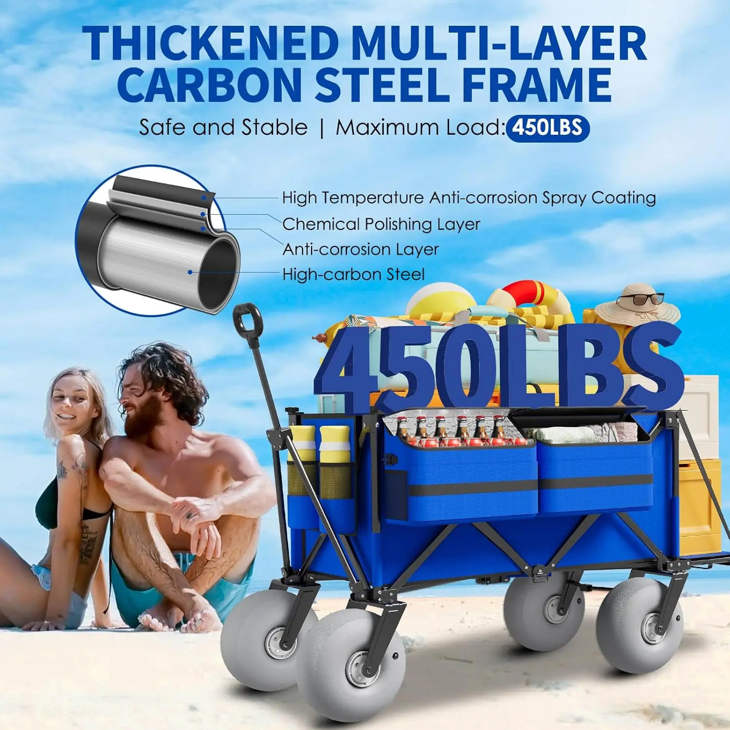 Beach Wagon with Big Wheels for Sand - 450lbs Load Heavy Duty Wagons Carts Foldable with 9" All Terrain Inflatable Tires