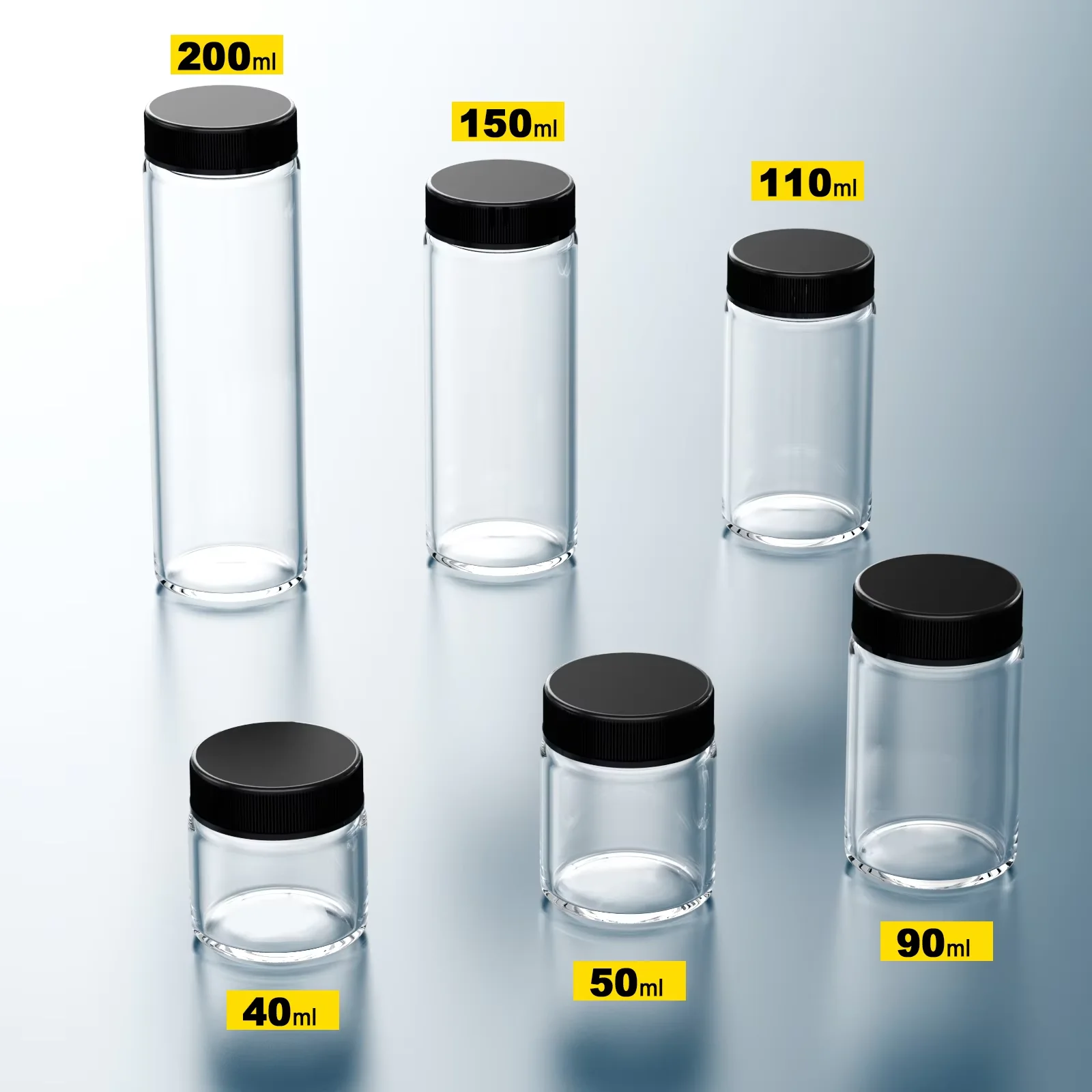 Glass Sample Vials,Wide Mouth Glass Bottle Boro 3.3 with Black Cap &Phi;47mm for Laboratory,reagents Bottle,Leaf teas, Spices,Herbs