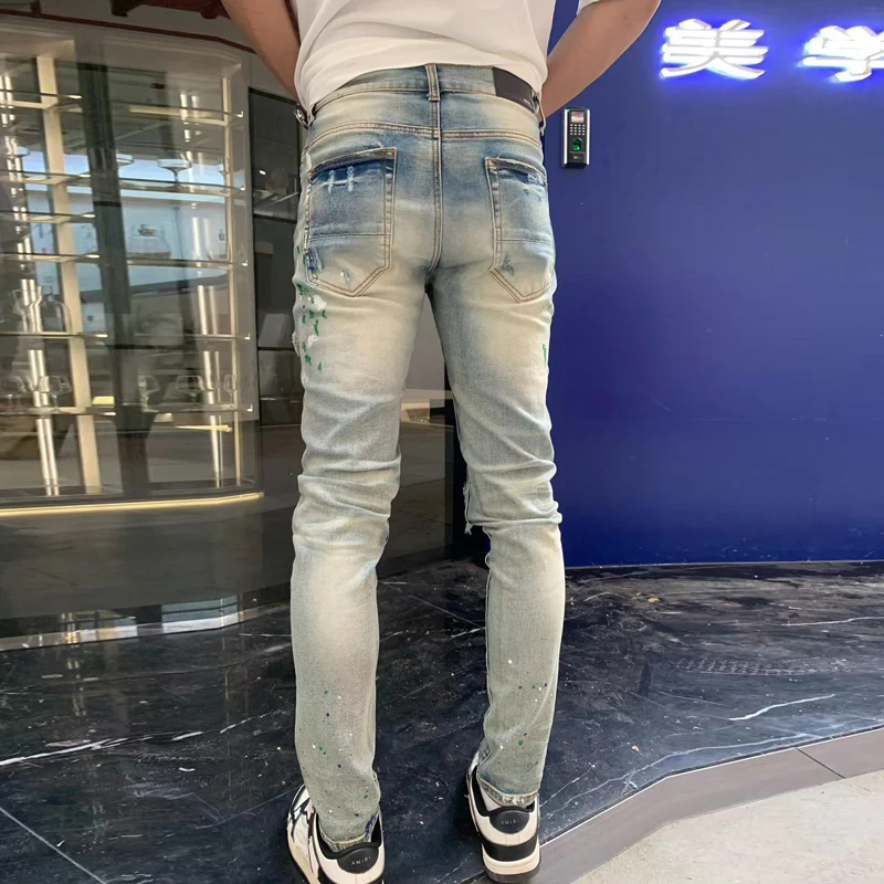 Latest Street Fashion Men's Jeans Vintage Painted Light Blue Elastic Slim Fit Split Jeans Men's Blue Designer Hip Hop Brand Pant