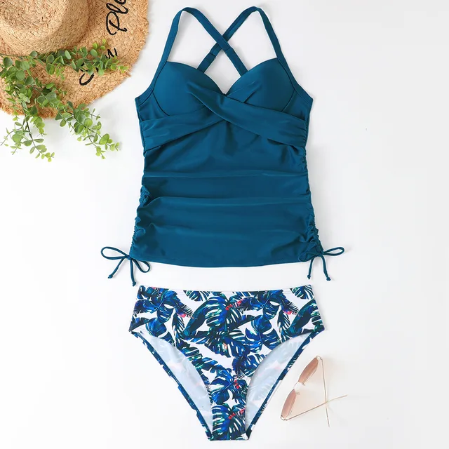 Women's Bathing Suits Two Piece Halter Leaf Print Tankini Swimsuit Woman Summer Sexy Beach Wear Separate Swimwear Female XXL