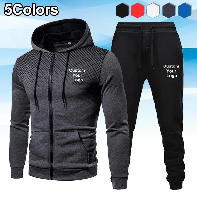 Men's Fashion Custom Your Logo Jacket Coat + Sweatpant Two Piece Sets Men Casual Sports Tracksuit Hooded Zipper Jogging Suits tracksuit men zipper hoodie set sports wear autumn winter casual jacket sweatshirt pants 2 pcs set s 4xl