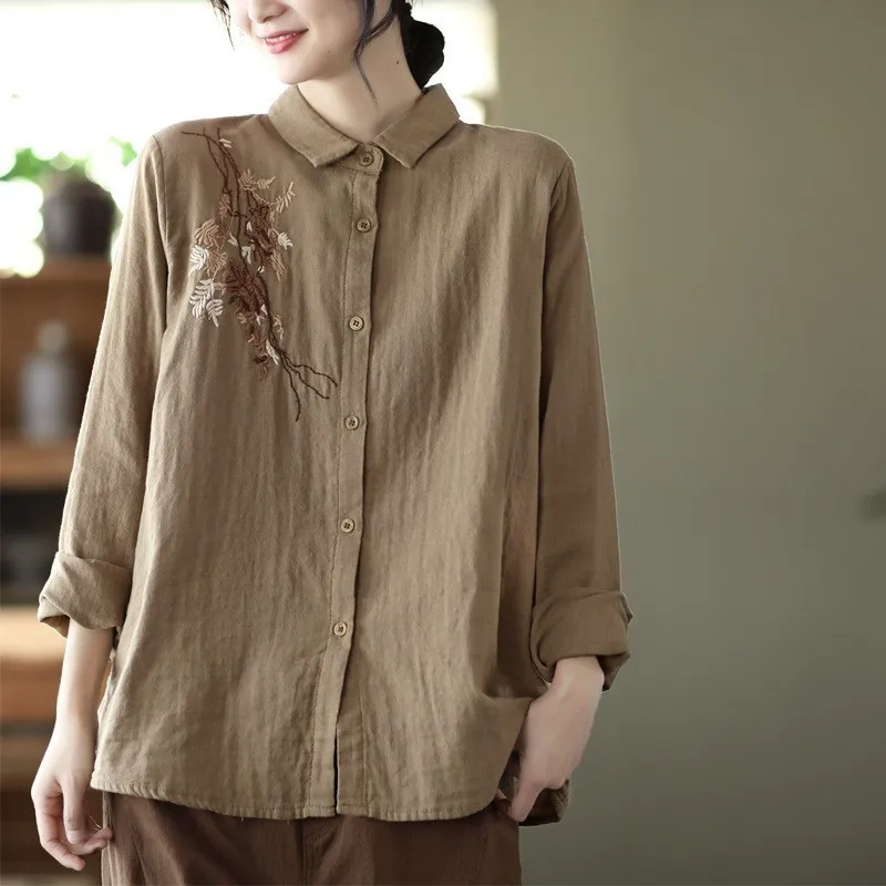 Women Autumn Vintage Floral 100 Cotton Turn Down Collar Shirt