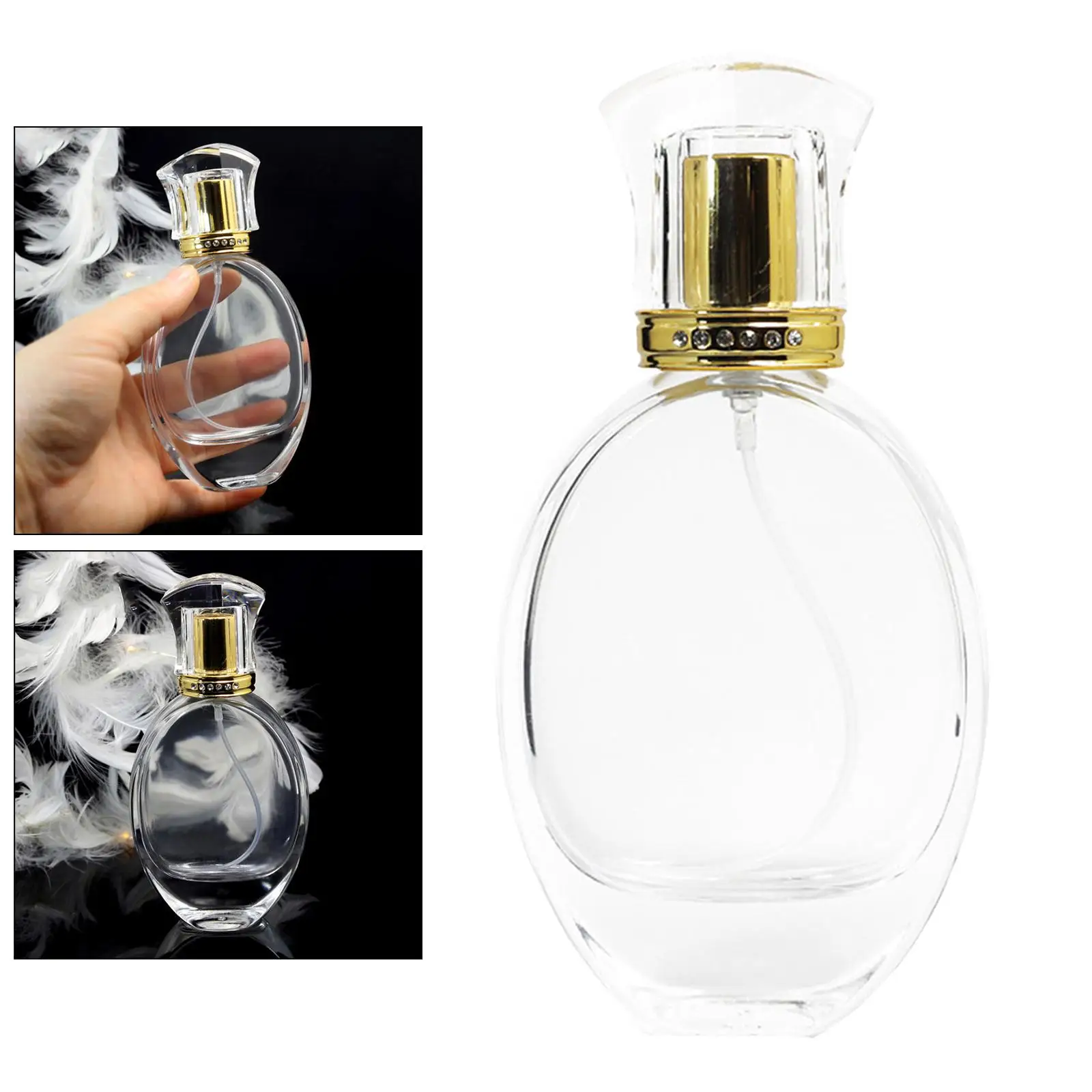 1.7OZ 타원형 빈 리필 가능 투명 크리스탈 유리 화장품, 메이크업 향수 분무기 병, 50ml
