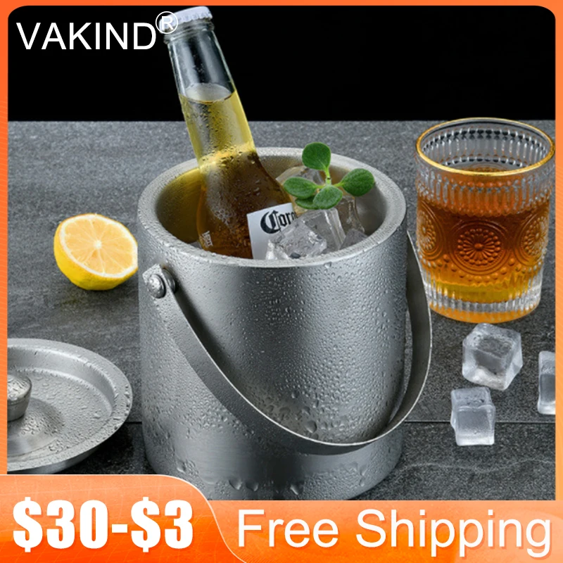 1.6L Double Layer Ice Bucket Silver Versatile Portable Stainless Steel Ice Bucket Wine Beer Cooler Party for Beach