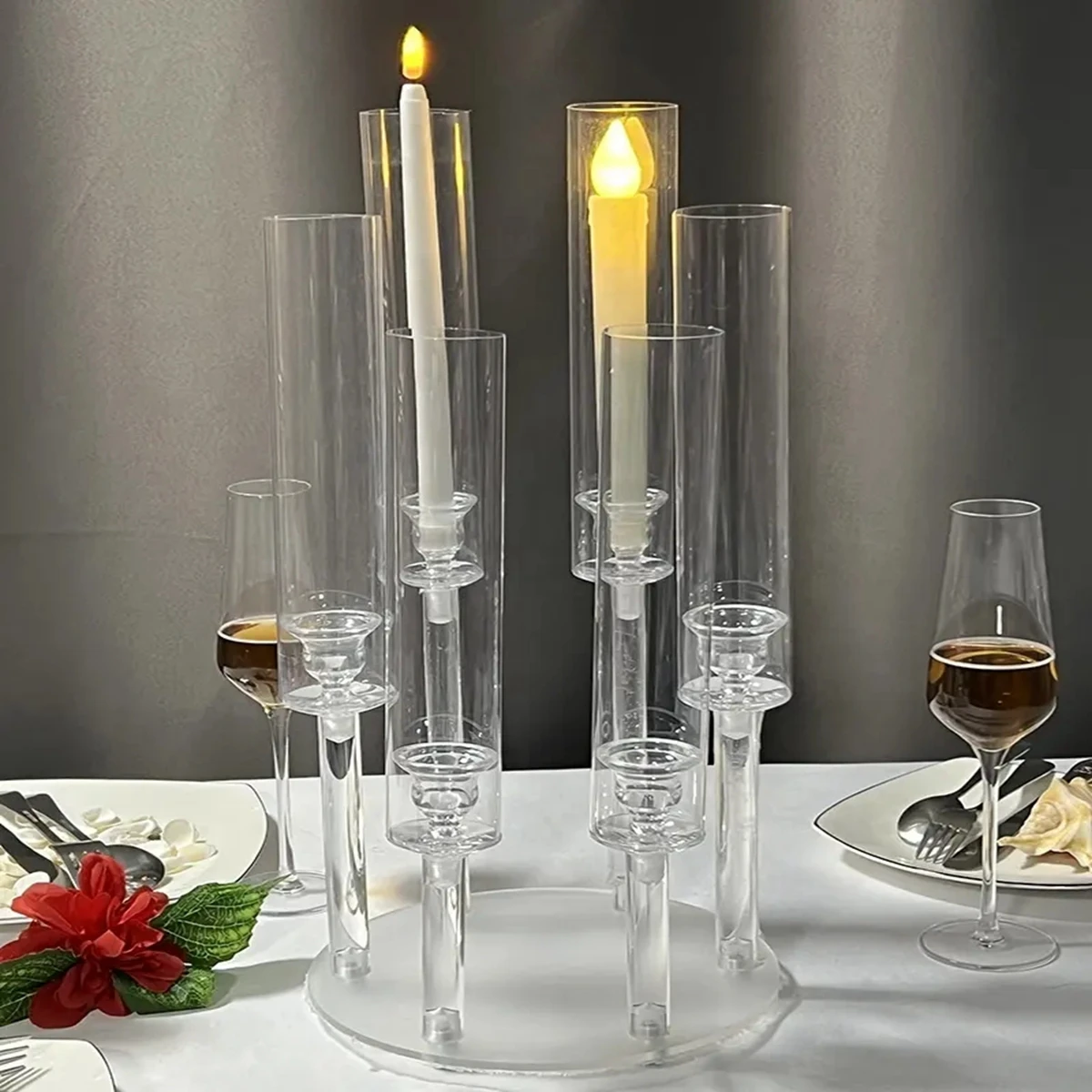 

4pcs/12pcs Cluster Pillar Votive Round Candle Holder Modern Clear Acrylic Candelabra Centerpieces 5 Arm acrylic with LED Candles