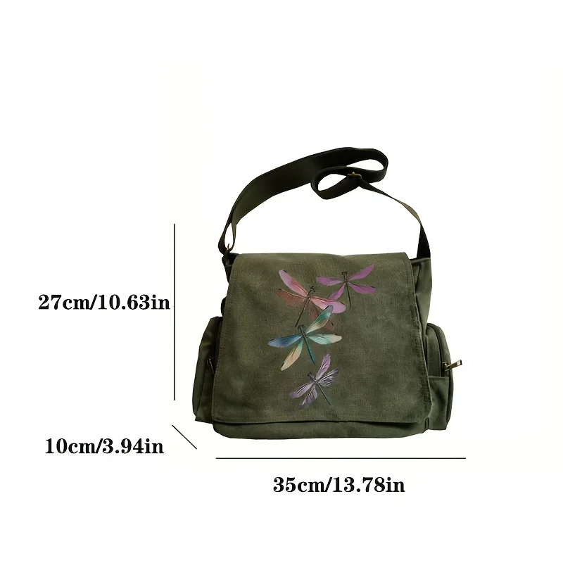 Women's Colorful Dragonfly Print Crossbody Bags Large Capacity Canvas Shoulder Bag For Student Book Bag