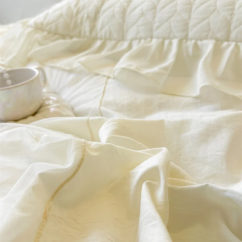 AI WINSURE-Washed Cotton Bed Cover with Pillowcase, Chic Lace Ruffles Bed Skirt, Quilted Bedspread, Queen, King Size, 3pcs