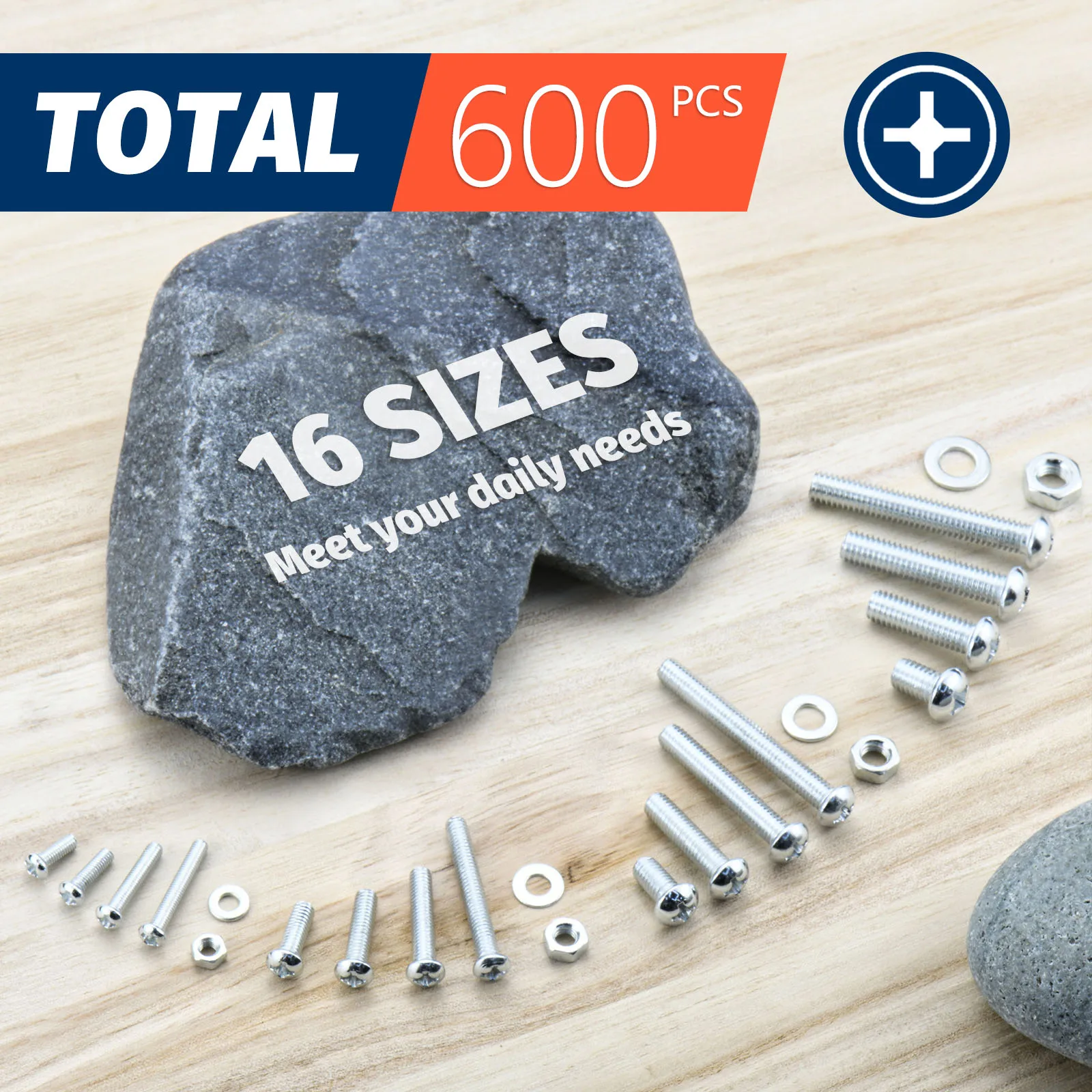 Screw and Nut Kit 600Pcs Screws Bolts and Nuts Assortment Metric Machine Screws and Flat Washers M3 M4 M5 M6 Phillips Pan Head Sets-16 Sizes