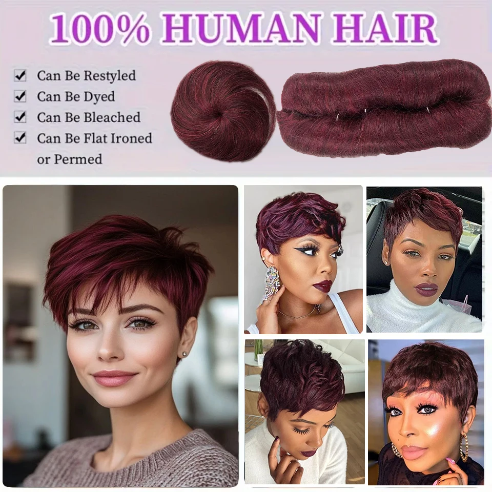 28PCS Brazilian Short Human Hair Extensions One Pack For A Full Head 100% Human Hair Bundles With Free Closure Straight 99JColor 5