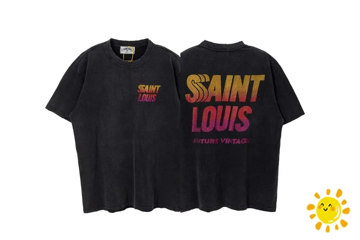 

High quality 1:1 Washed Saint Louis Sunset Crystal T-Shirt Men Women Destroy Design Oversize Tee Casual Short Sleeve with Tag