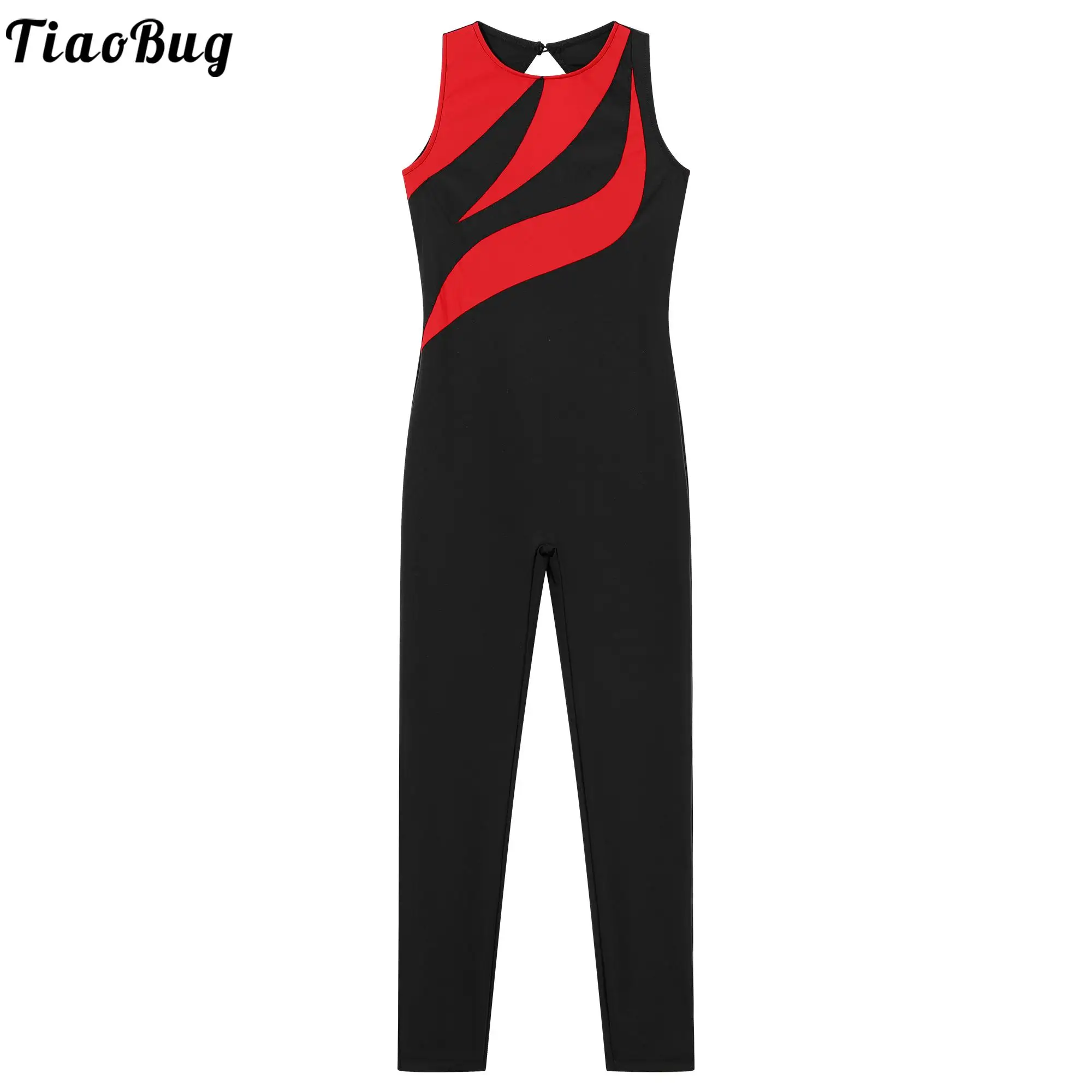 

Kids Girls Color Block Dance Wear Sleeveless Unitard Stretchy Full Body Leotard Keyhole Back Jumpsuit Bodysuit for Gymnastics