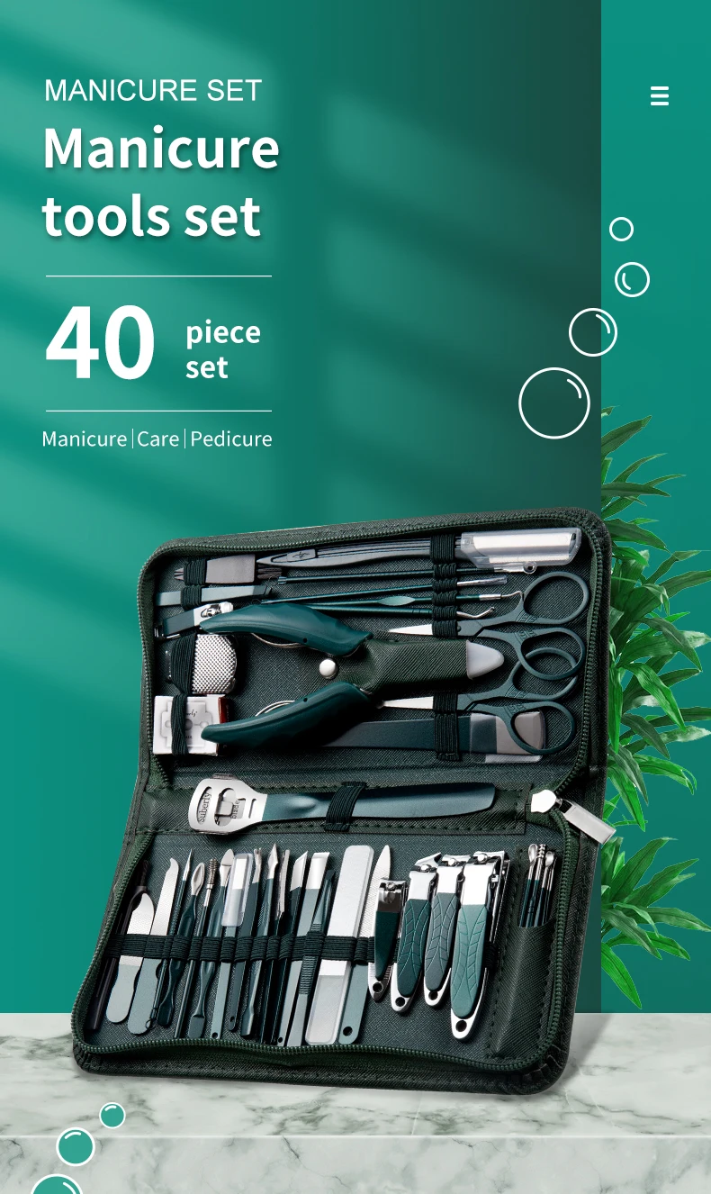 Description Picture 2 of item40Pcs Manicure Set Nail Clippers Kit Cuticle Scissors Stainless Steel Foot Care Tools with Leather Case Foot Rasps Callus Shaver