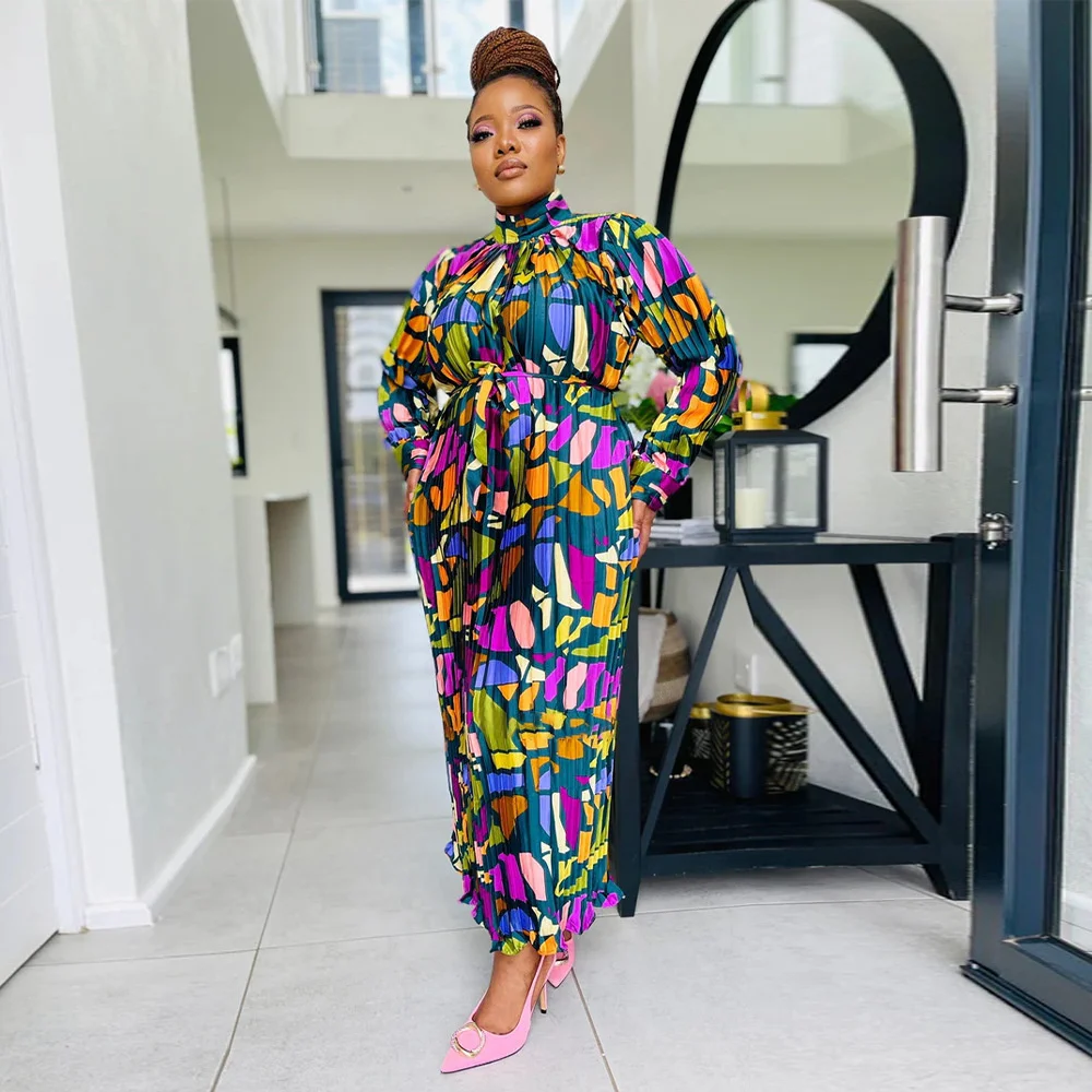 

Zoctuo Printed Maxi Dresses For Women 2023 Casual Stanck Collar Long Sleeve Straight Pleated Loose Dress Streetwear Chic Vestido