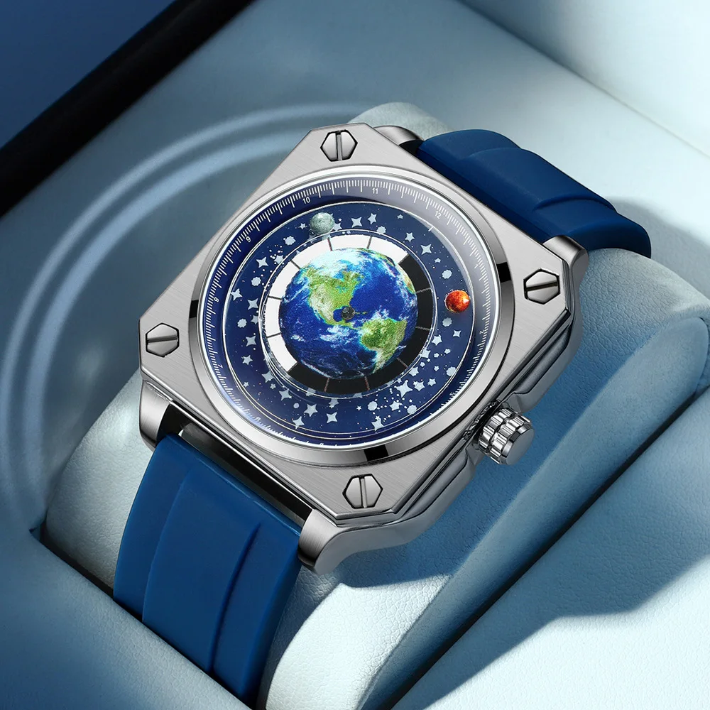 

BINBOND 2023 New Selling Men's Watch Creative Cool Big Dial Moon Earth Star Sky Wristwatch Fashion Rubber Band Quartz Watches