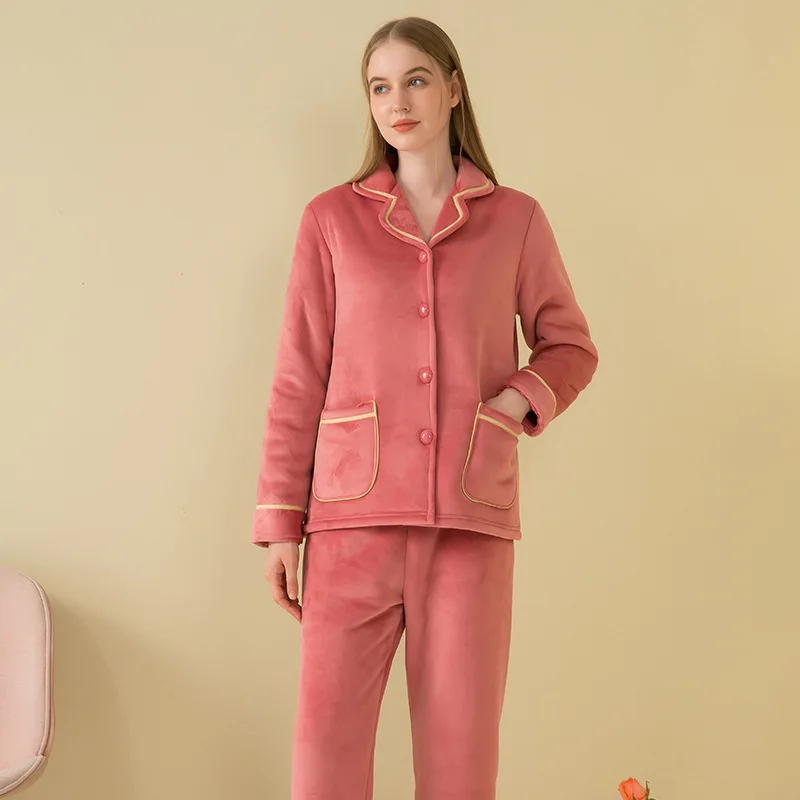 2pcs Fashion Winter Women Thicken Warm Soft Pajamas Sets Pink Red Long Sleeve Home Suit Sleepwear Long Velvet Thicken Pyjamas