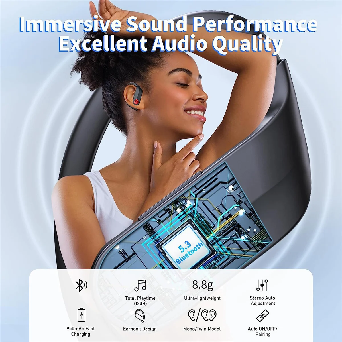Wireless Earbuds Bluetooth Headphones Stereo Sound Ear Buds IPX7 Waterproof Over Ear Earphones for Sports/Phone/Laptop