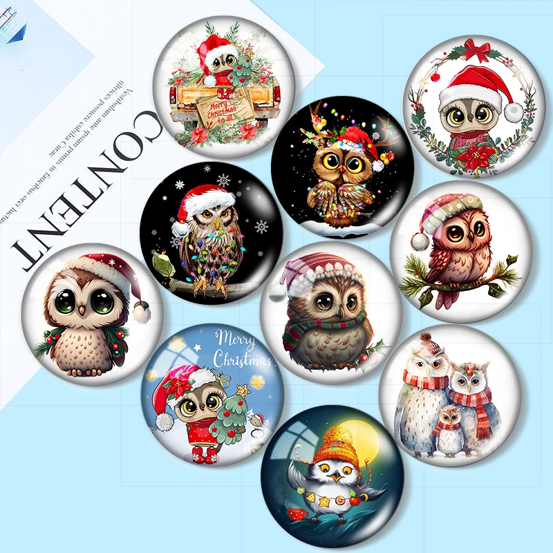 

Christmas owl cute cartoon 10pcs 12mm/25mm/30mm Round photo glass cabochon demo flat backMaking findings