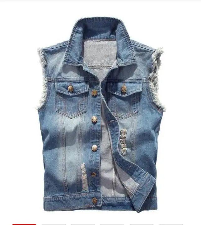 

Denim Sleeveless Jacket Men Fashion Ripped Cotton Jean Vests Gilet Casual Jeans Waistcoat Cowboy Hip Hop Streetwear Clothing