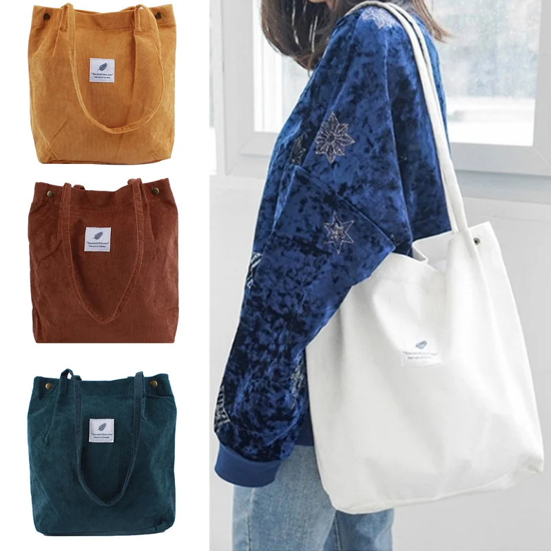 

Women Corduroy Shoulder Shopping Bags Reusable Casual Outdoor Party Tote 2023 New Female Bag Handbags with Button Eco Organizer