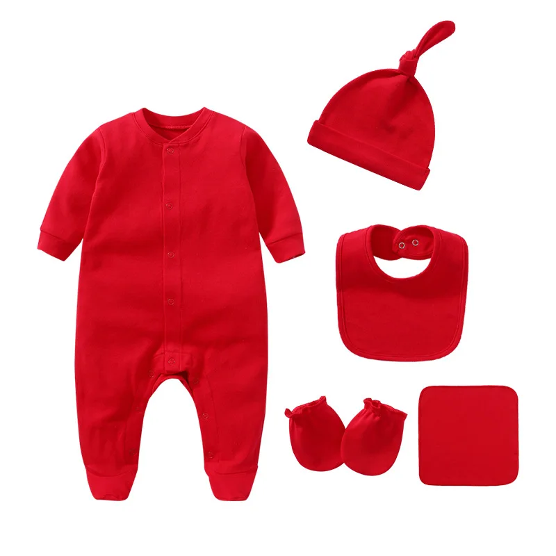 Baby Set Newborn Baby Boy Girl Clothing 100% Cotton Long Sleeved Solid Color Rompers Hat Bib Suit 0-3 Months Infant Products