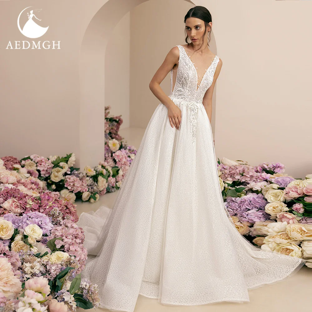 

Aedmgh A-Line Romantic Wedding Dresses 2024 V-Neck Sleeveless Boho Vestido De Novia Lace Beaded Backless Shiny Robe De Mariee