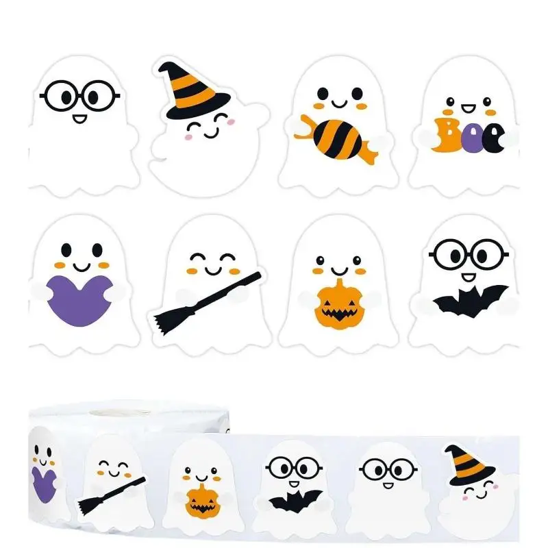 500Pcs/Roll Funny Halloween Decorative Stickers Cute Pumpkin Ghost Skull Spider Bat Label Decal Graffiti Stickers DIY Phone
