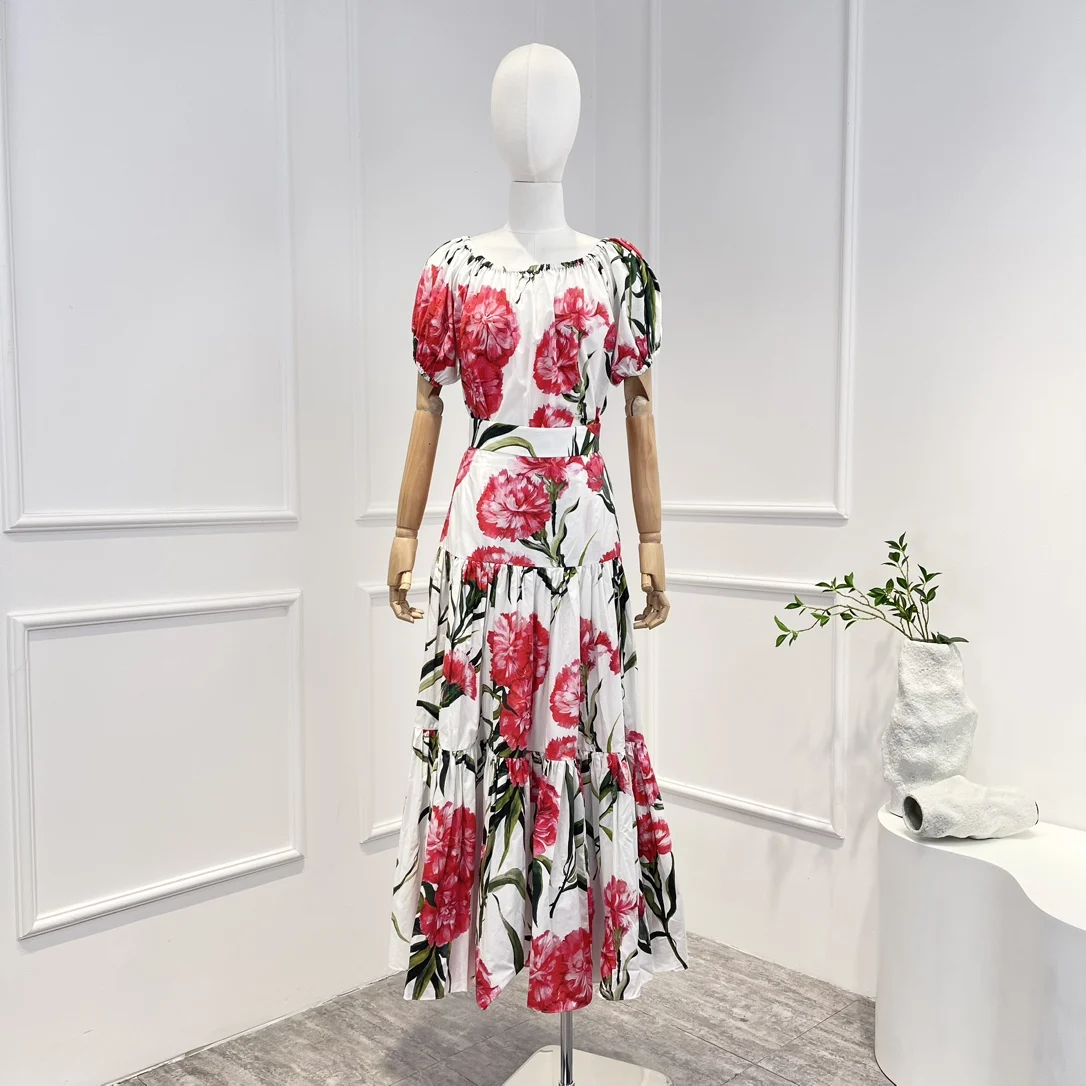 

New Spring 2023 Summer High Quality Tulip Collection Off the Shoulder Blouse and Maxi Skirt Women Two pieces Set