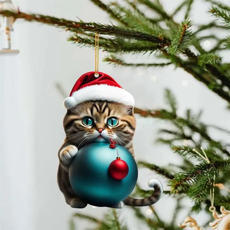 1 pieza de adorno navideño de gato en forma de bola, acrílico 2D, divertido adorno de gato, árbol de Navidad, adornos colgantes para gato, decoración para fiesta en casa, Navidad