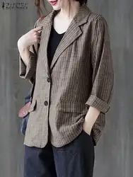 ZANZEA Women Jackets Fashion OL Work Blazer Vintage Long Sleeve Stripe Printed Outwear Buttons Down Coats Casual Loose Suits