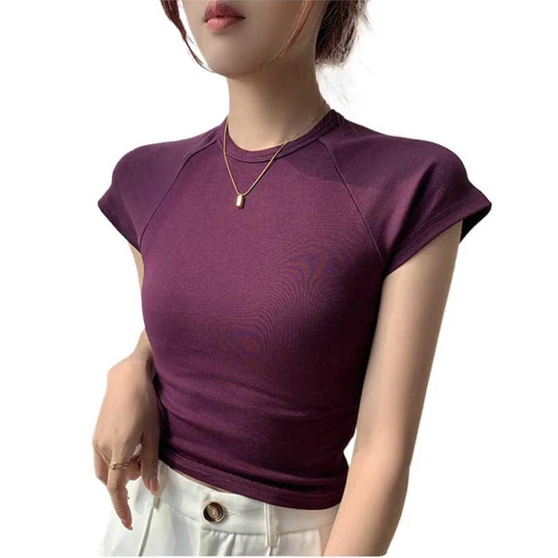 

Summer Women Solid T-Shirts Knitted Short Sleeve Basic Tops Casual Cozy Slim Cotton Tee 2024 Shirts Blouses Camisas Feminina