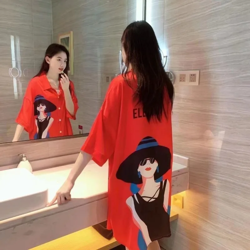 Sexy nightgown women summer ice silk cool silky loose cardigan shirt women nightdress can be worn outside summer dress