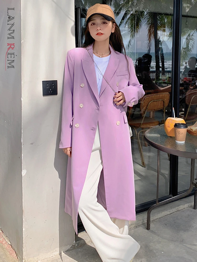 

LANMREM Korean Style Long Blazers For Women Notched Collar Double Breasted Solid Color Coat Fashion 2023 Autumn New 2AA1415