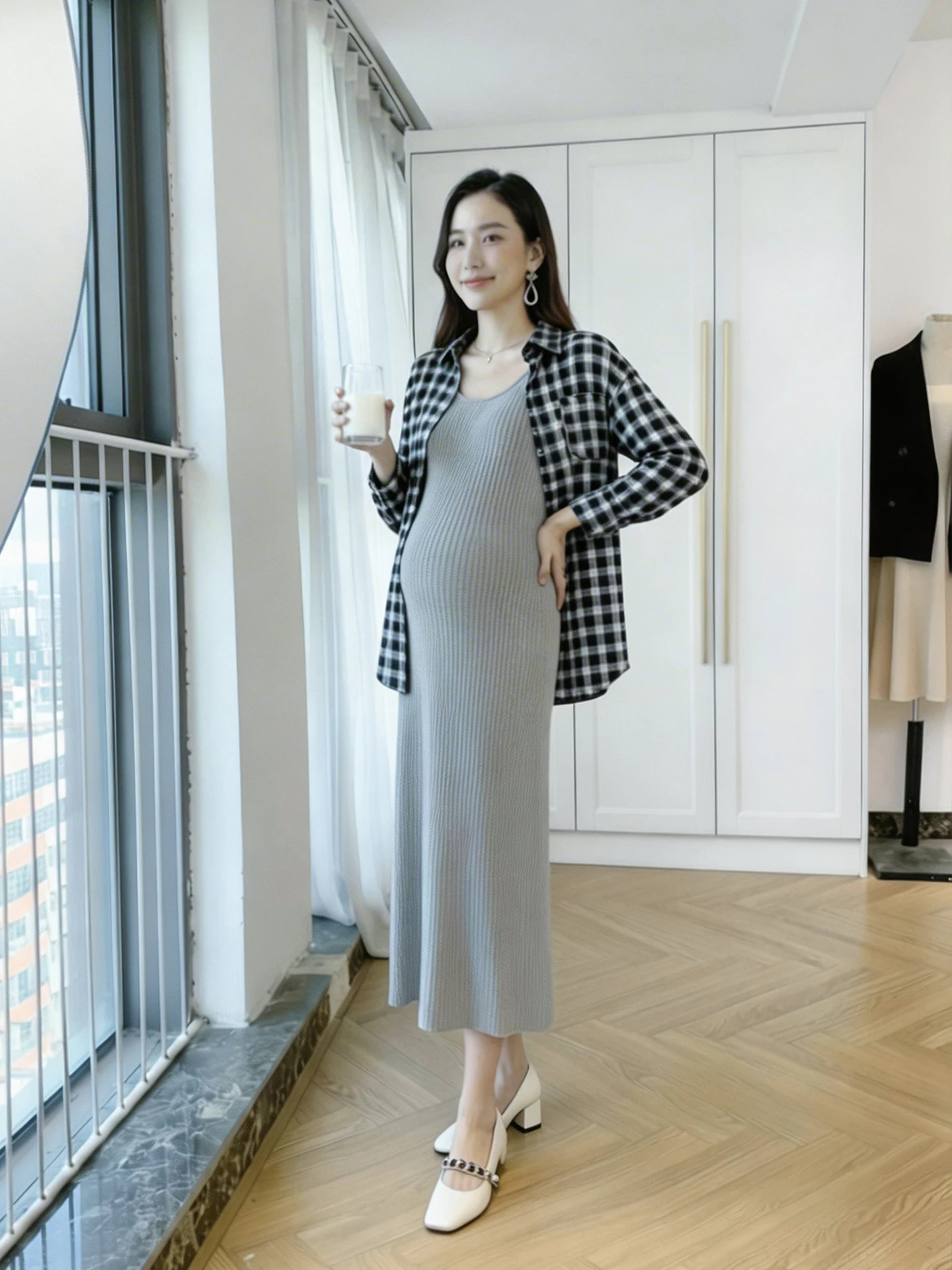 출산 복장 드레스 블랙 캐주얼 루즈 긴 소매 탑 체크 무늬 셔츠 여성 패션 봄 여름 신상품