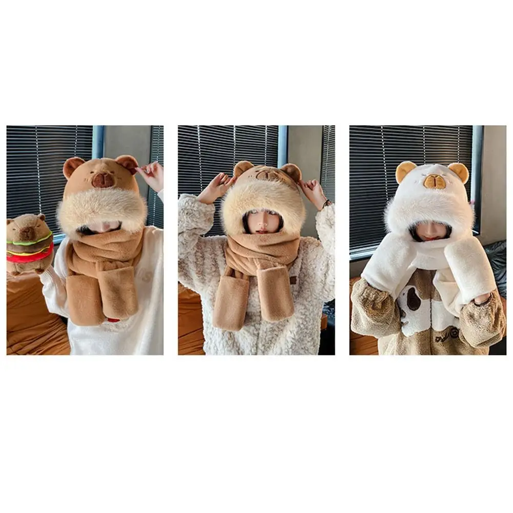 Earmuff 3 in 1 Capybara Hat Scarf Set Panda Warm Furry Scarf Cap Set Fluffy Thickened Cartoon Plush Hat Girls