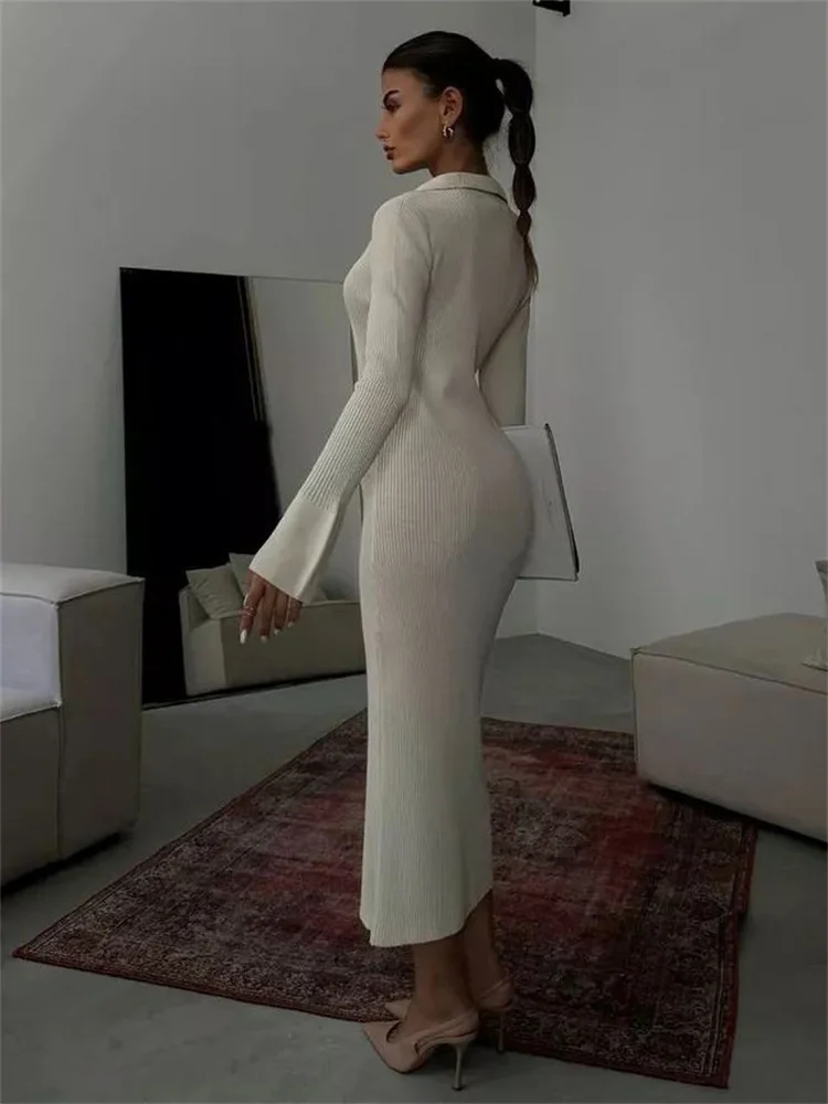 Fashion Knit Long Dress For Women Ribbed High Waist Patchwork Slim Long Sleeve Lapel Autumn Dress Knitwear Party Dress New