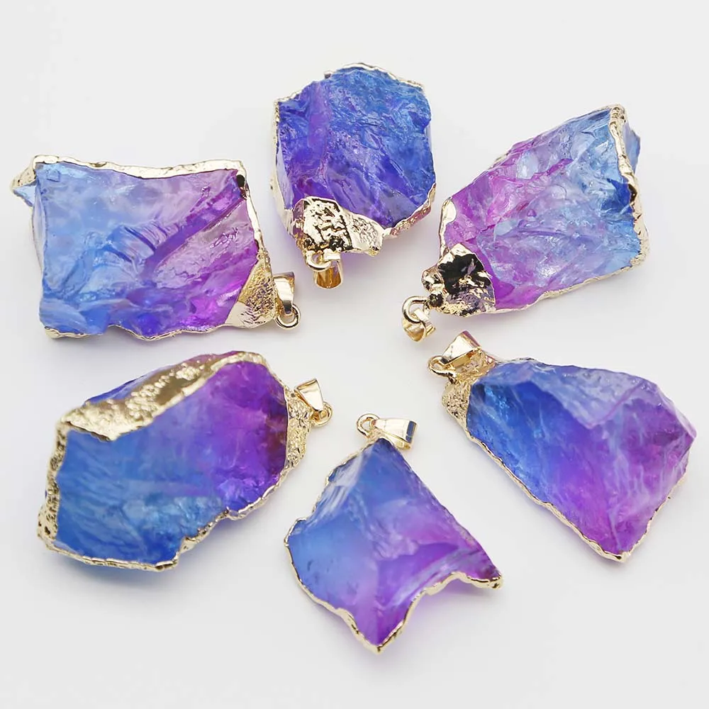 Natural Crystal Stone Multicolor Irregular Pendants Plating Phnom Penh Necklace Reiki Charms DIY Jewelry Making Accessories 6Pcs