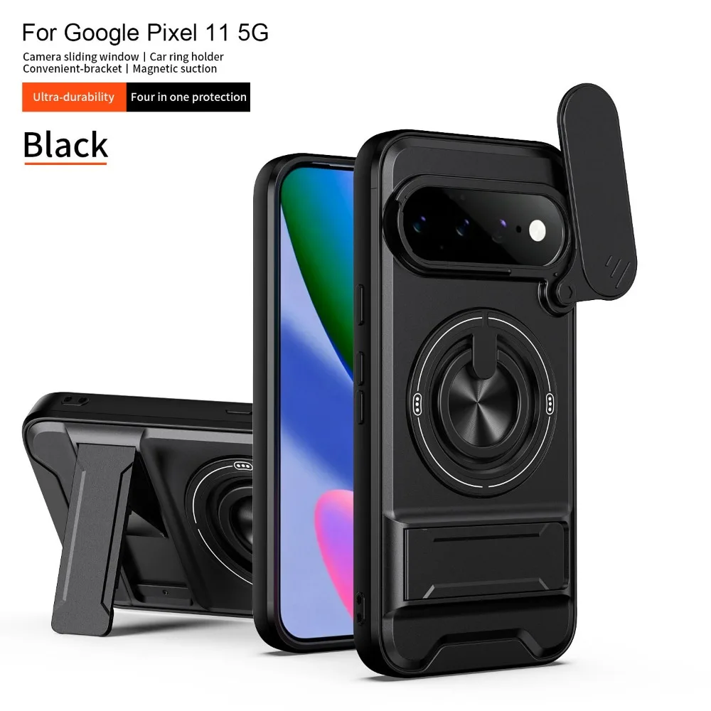360° Magnetic Ring Stand Phone Case with Slide Camera Lens and Drop Protection