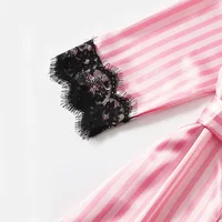 Pink Stripe Robe and Pajamas set Women Silk Satin Lace Sleepwear Summer Sexy Faux Silk Pijamas Bathrobe Homewear Night Robe Set - Image 3