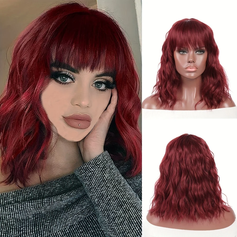 Bob Wigs For Women Curly Wavy Wigs With Bangs Short Heat Resistant Synthetic Wigs For Party Costume Daily Wear Colorful Wigs