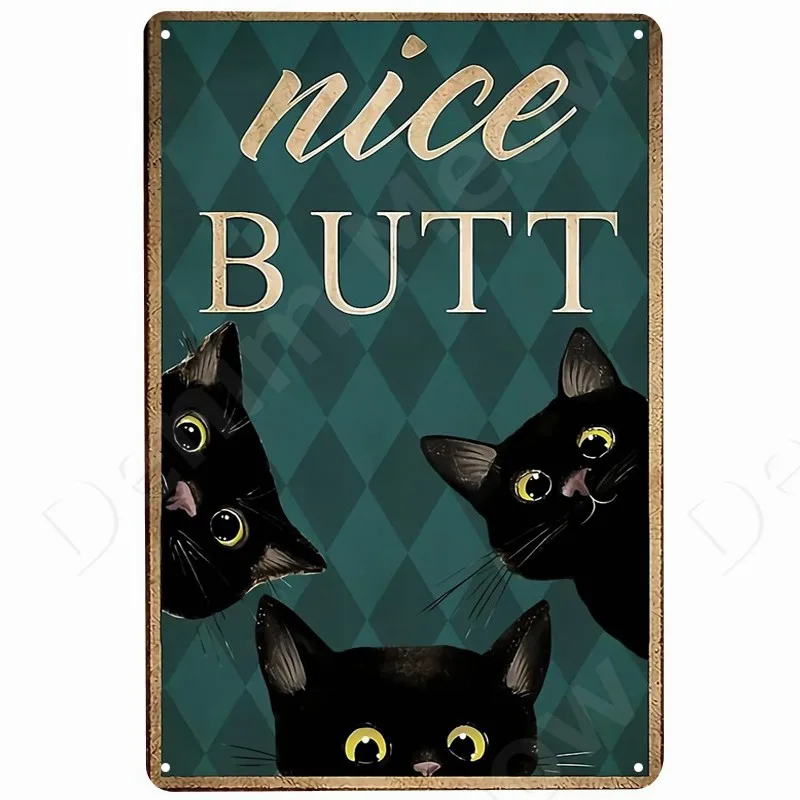 Targa Da Parete Retrò Con Gatto Nero E Scritte Divertenti Per Bar | Targa In Metallo Color Caffè 30x20 Cm | Decorazione Vintage Per Cucina E Hoom Bar