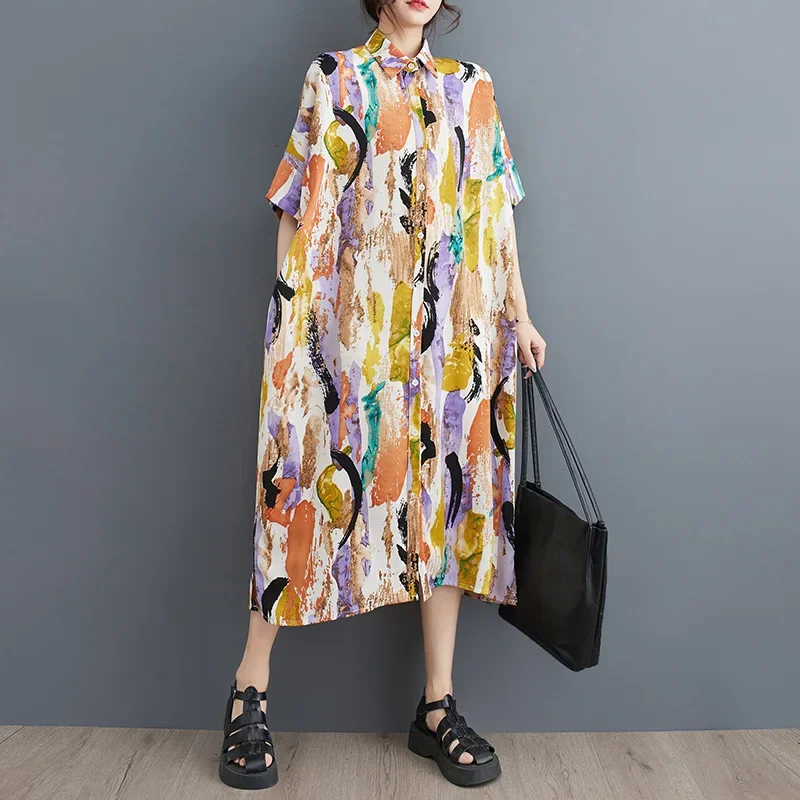 

Oversize Women Summer Short Sleeve Personality Shirt Dress Turn down Collar Print Pattern Casual Loose Minority Irregular Dress