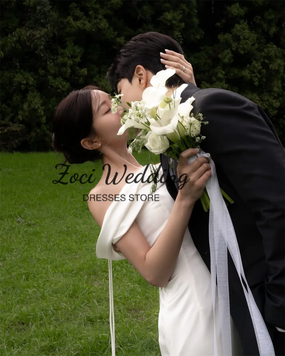 Zoci Elegant One Shoulder Korea Wedding Dresses Customized Spaghetti Straps Mermaid Bride Dress Crepe PhotoShoot Bridal Gown