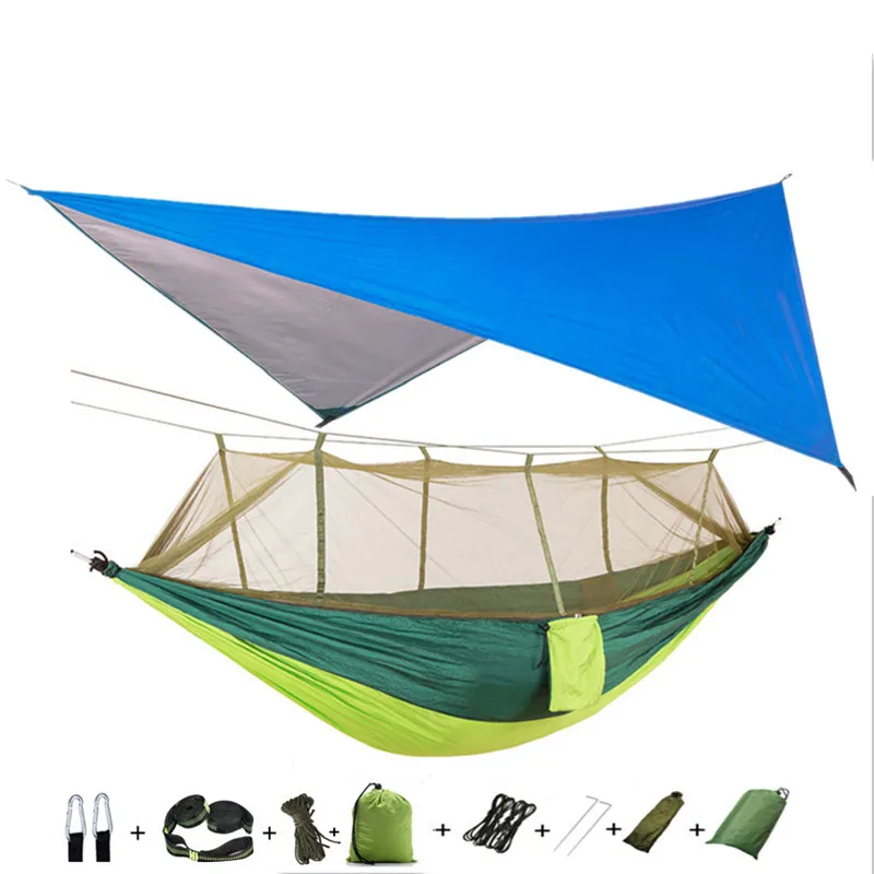 Portable Nylon Camping Hammock with Mosquito Net Rainfly Tent Tree Straps,for Camping Hiking Backyard Travel Outdoor Backpacking 