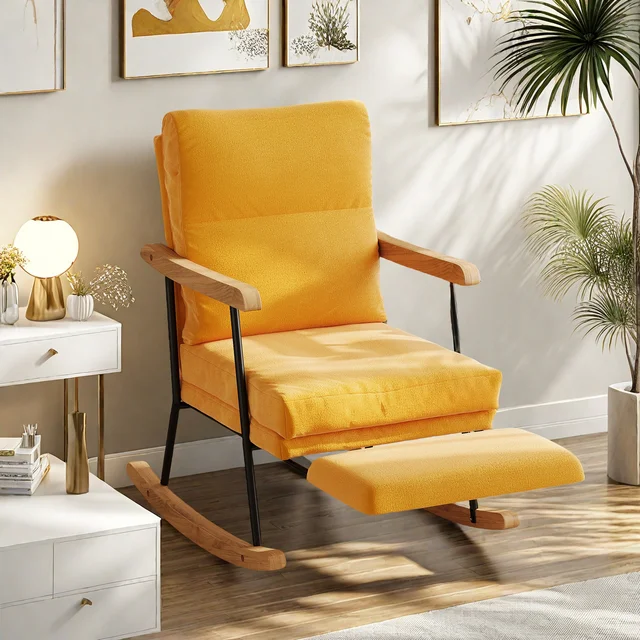 Fauteuil à bascule Superaly, fauteuil à bascule avec accoudoirs, repose-pieds réglable, avec structure en métal, jaune brunâtre 1